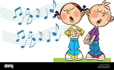 In Der Abbildung Cartoon Mädchen Und Jungen Singen Auf Dem Hintergrund Symbolischen Noten
