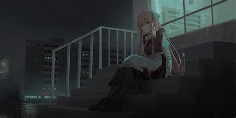Yandere Anime Girl Maid Outfit Pink Hair Stairs Resting Anime Hd