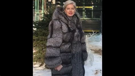 Russian Lady In Big Hooded Full Length Silver Fox Fur Coat Youtube