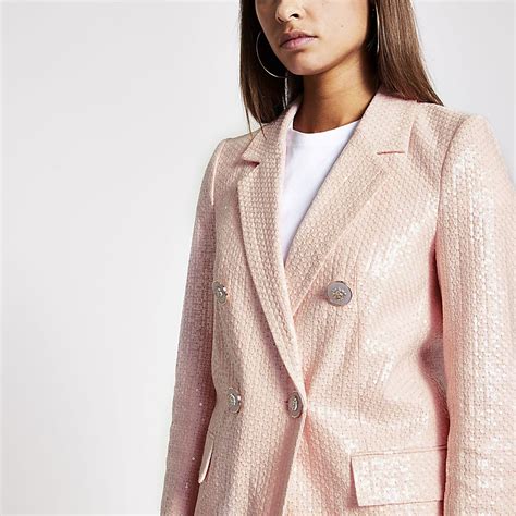 Pink Sequin Double Breasted Blazer River Island