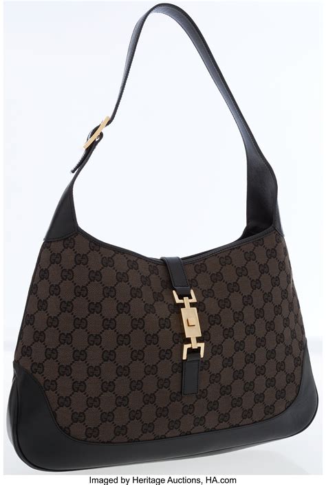 Gucci Black Leather Classic Monogram Canvas Jackie Bag With Gold Lot