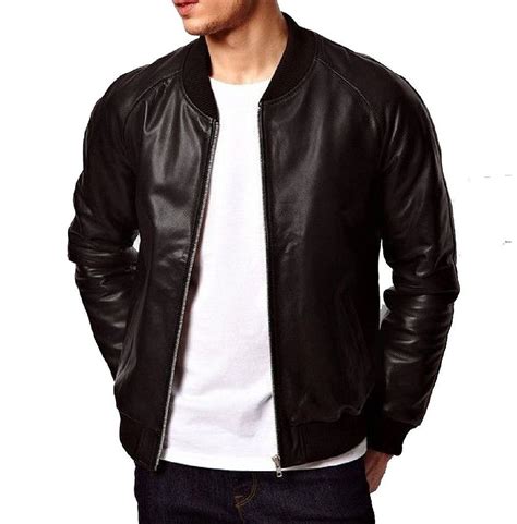 Mens Leather Jacket Black Bomber Style Simple Decent Leather Jacket