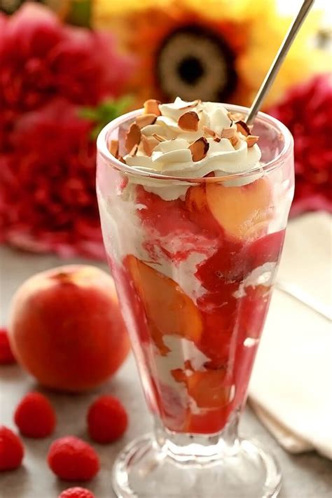 This Peach Melba Ice Cream Sundae With Toasted Almonds Is An Easy And