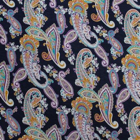 Navy Aqua Paisley Printed On Rayon Spandex Jersey Knit Fabric Knit