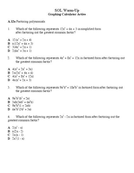 Quickly review what polynomials are, common related terms (e.g. Factoring Polynomials Worksheet for 9th Grade | Lesson Planet
