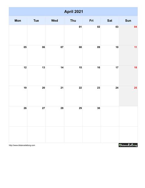 Free Monthly Printable Blank Calendar For April 2021 Monday To Sunday