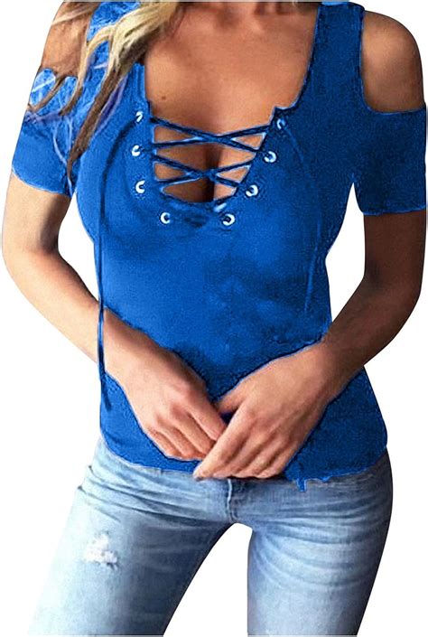 L9wei Damen Einfarbig Oberteile Kurzarm Sexy V Ausschnitt T Shirt Bluse Elegant Tops Sommer Slim