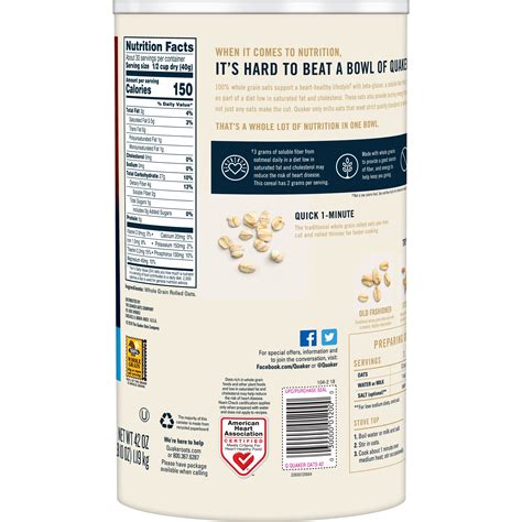 Each oatmeal packet contains a one ounce equivalent (1 serving) of whole grains. 31 Quaker Oats Nutrition Facts Label - Labels For You