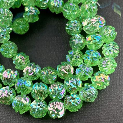 Vintage Lovely West German Glass Beads In Peridot Ab Glass Beads