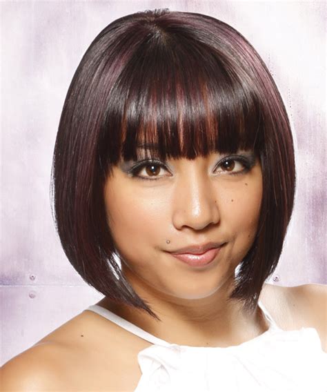 Short Straight Formal Layered Bob Hairstyle With Blunt Cut Bangs Dark