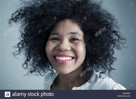 Close Up Portrait Enthusiastic Mixed Race Young Woman With Curly Black