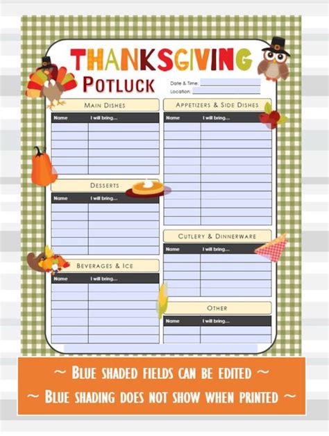 Thanksgiving Printable Potluck Sign Up Sheet 85x11 Fillable Etsy