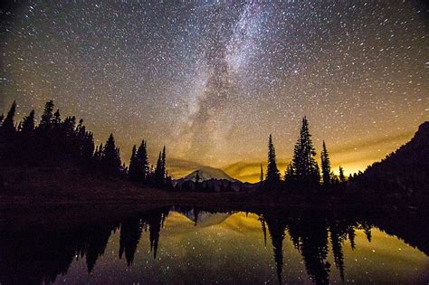 Hd Wallpaper Mountains Mount Rainier Lake Milky Way Nature Night