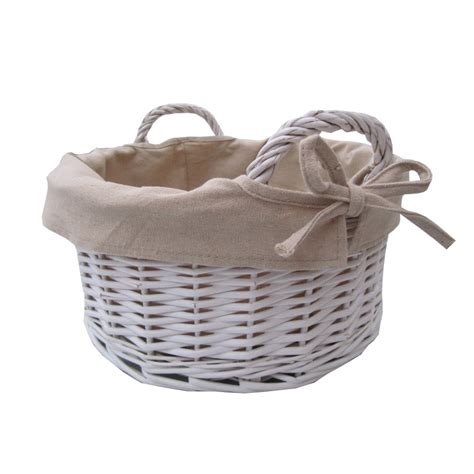 Round White Wicker Storage Basket With Handles