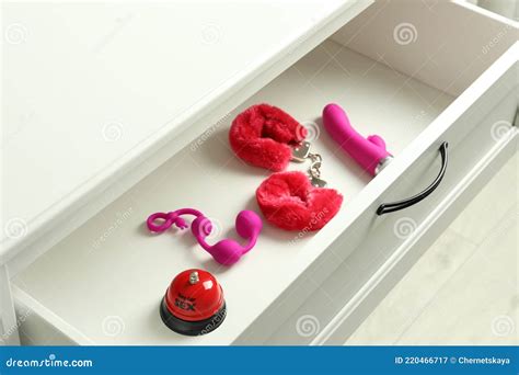 Different Modern Sex Toys In Open Wooden Drawer Stock Image Image Of Fetish Game 220466717