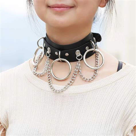 Woman Man Punk Leather Bondage Collar With Large 3 Rings Choker And