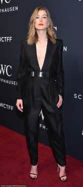 Rosamund Pike Goes Bra Less Under Tailored Black Jumpsuit