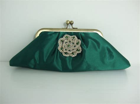 Emerald Green Satin Evening Clutch With Crocheted Etsy Green Satin