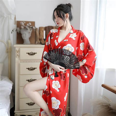 japanese sakura girl kimono sleepwear deep v neck satin floral printed yomorio