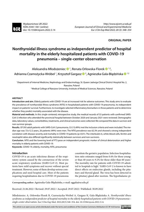 Pdf Nonthyroidal Illness Syndrome As Independent Predictor Of