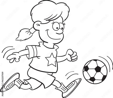 Black And White Illustration Of A Girl Kicking A Soccer Ball Stock