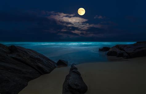Beach Night Sea Moon Full Moon Rock Hd Wallpaper
