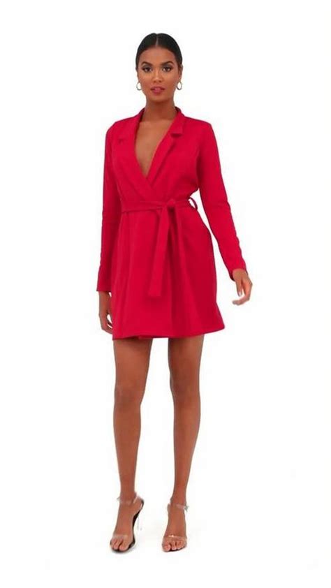 Red Long Sleeve Belted Blazer Dress Red From Missguided On Buttons