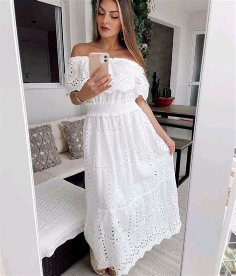 Vestido Longo Tecido Bordado Laise Manga Ciganinha Branco Elo7