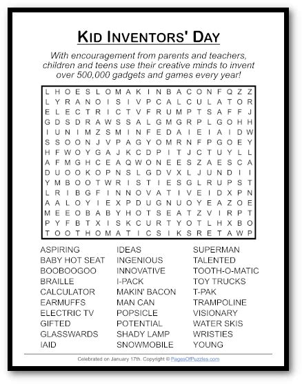 Kid Inventors Day Word Search Puzzle Pages Of Puzzles