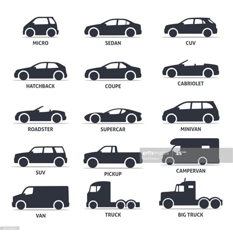 Car Type And Model Objects Icons Set Automobile Vector Black