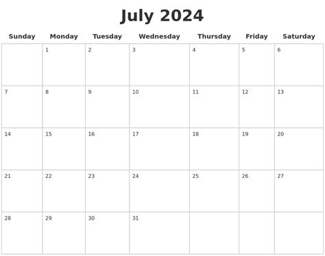 Blank Printable Calendar July 2024 Printable Word Searches