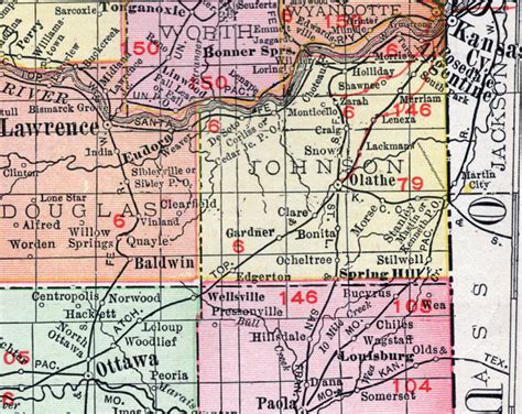 Johnson County Kansas 1911 Map Olathe Lenexa Merriam