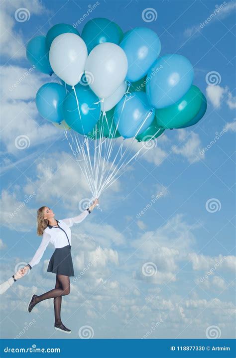 Cute Woman Holding Balloons And Flying Up Stock Photo Image Of Female