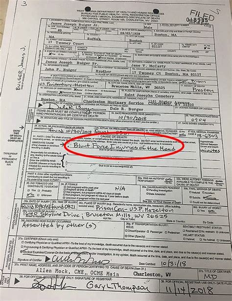 Mob Boss Whitey Bulger S Death Certificate Reveals He Died Of Blunt Force Trauma To The Head