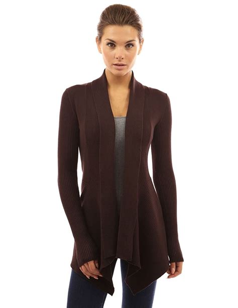 Womens Ribbed Cascading Open Cardigan Dark Brown Cs11ppihrkp