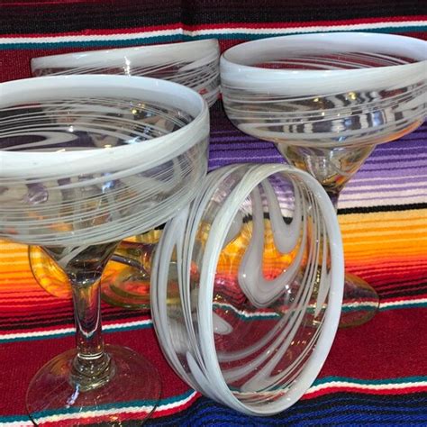 2 Hand Blown Mexican Margarita Glasses Elegant White Swirl Etsy