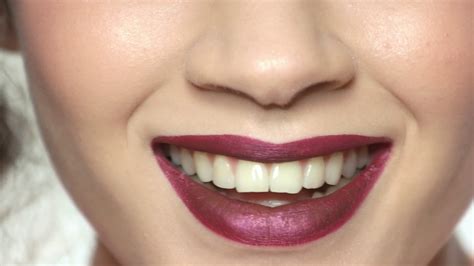 Mouth Of Girl Smiling Makeup White Teeth And Red Lipstick Stock