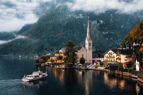 Lake Hallstatt In Alps With Ferry Salzkammergut Austria Stock Photo