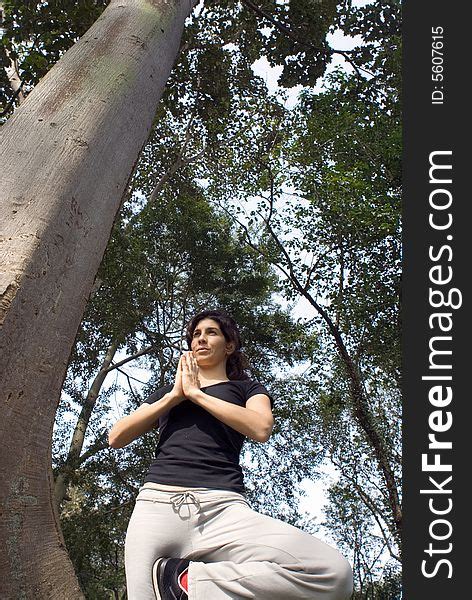 Woman In Yoga Pose Next To Tree In Park Vertical Free Stock Images