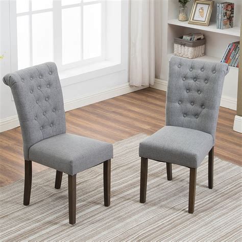 Clearance Grey Tufted Linen Dining Chairs Set Of 2 Upholstered High