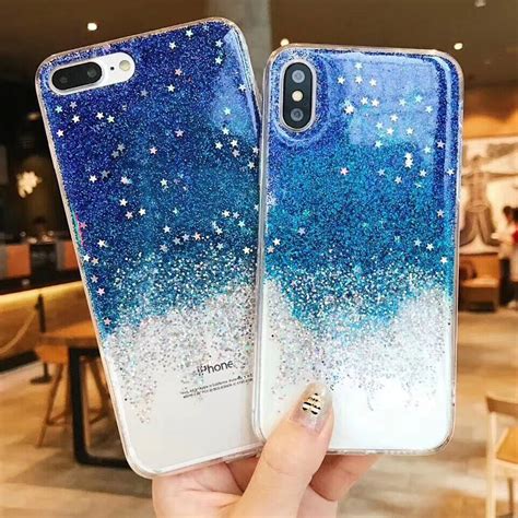 Lovecom For Iphone 6 6s 7 8 Plus X Diy Gradient Blue Glitter Stars Case