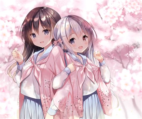 2girls Aliasing Bicolored Eyes Blue Eyes Blush Brown Hair Cherry Blossoms Flowers Futaba Miwa