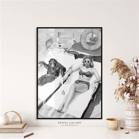 Retro Chimpanzee Sunbathing With A Woman Black And White Etsy