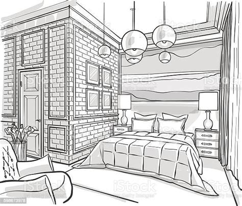 Gambar Sketsa Vektor Garis Interior Kamar Tidur Ilustrasi Stok Unduh