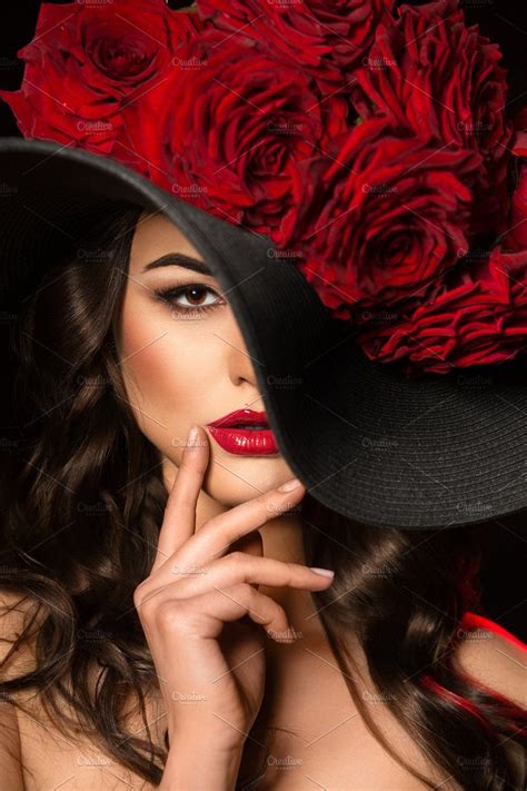 Beautiful Woman With Red Rose In Hat By Vladimir Popovich On Creativemarket Photography Words
