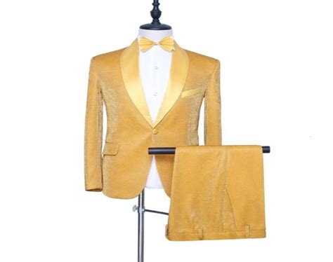 Custom Made Men Suits Shiny Gold Groom Tuxedos Shawl Satin Lapel