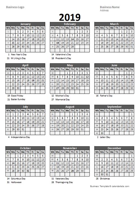 2019 Yearly Business Calendar With Week Number Free Printable Templates