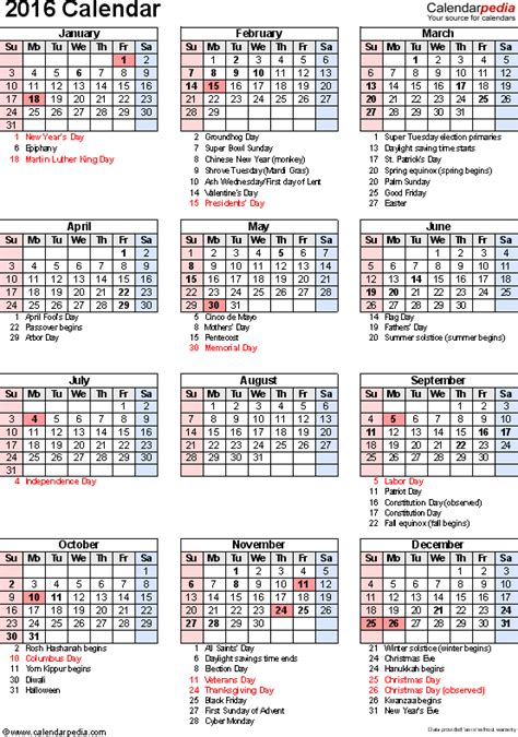 2016 Calendar Printable With Holidays