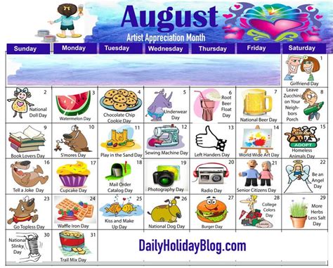 August Calendar Holiday Calendar National Days