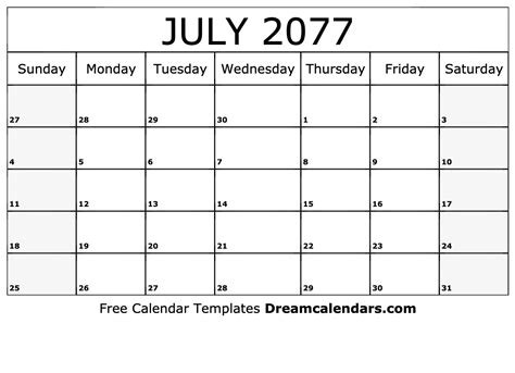 July 2077 Calendar Free Blank Printable With Holidays